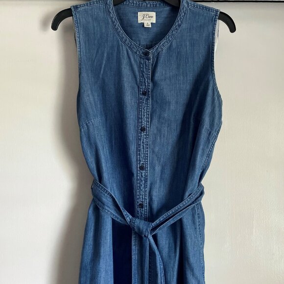 J. Crew Dresses & Skirts - J Crew Sleeveless Shirtdress Size L Belt Button Down Blue Chambray Denim Jean